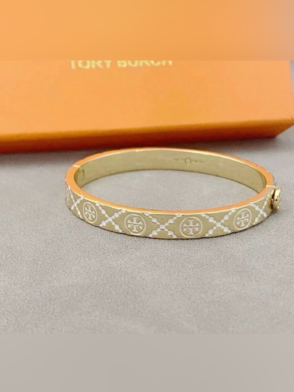 Tory Burch Gold and White Enamel Logo Bangle Bracelet